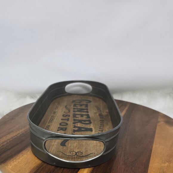 Trinket Fruit Holder Farm Kitchen Oval General Store Wood Tin Decorative Dish - Picture 3 of 7